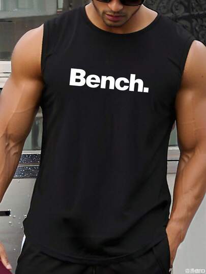 Men's Casual English Graphic Round Neck Tank Top, Suitable For Street, Outdoor, Sports, Fitness, And Daily Versatile Wear
