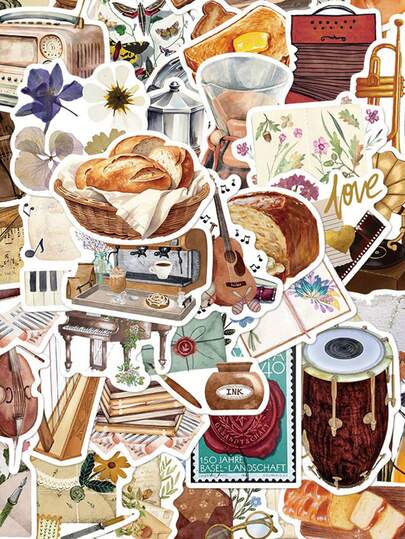 50Pcs Vintage Stickers Food Stickers Floral Stickers Boho Stickers Dessert Stickers Music Stickers Vinyl Stickers Stickers For Water Bottle, Guitar, Luggage, Phone, Case, Laptop, Skateboard, Gift Scrapbook Supplies Stationery Funny Stickers Kindle