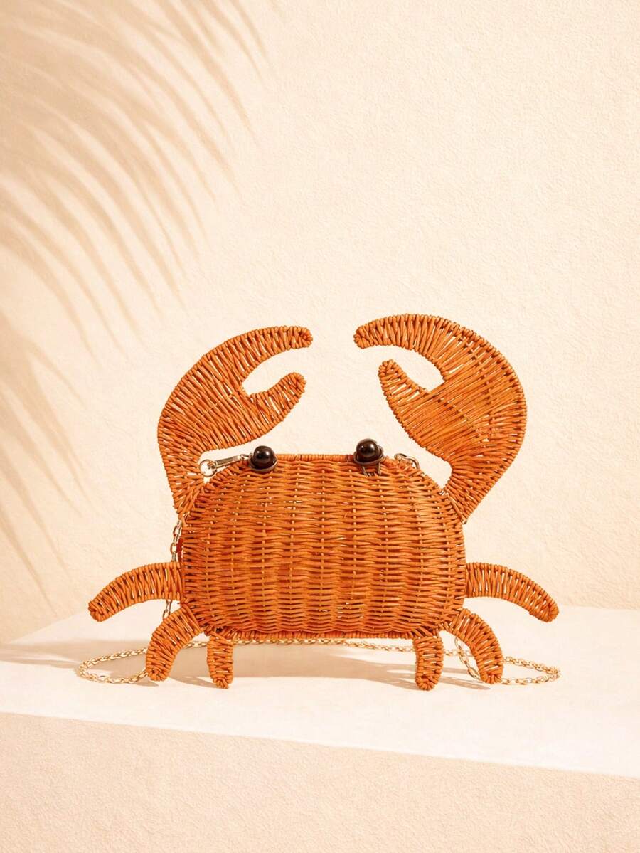 Túi xách nữ hình cua đan lát mùa xuân/hè, túi đeo vai/đeo chéo bằng rơm có dây xích tháo rời, túi xách đi biển kiểu đại dương, túi quà tặng cho phái nữ. - trái cam - Xem 1