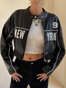 Women's Fashion Short Baseball Jacket, Stand Collar Long Sleeve, Zipper Detail, Printed "NEW YORK", Casual Outerwear - Black - View 2