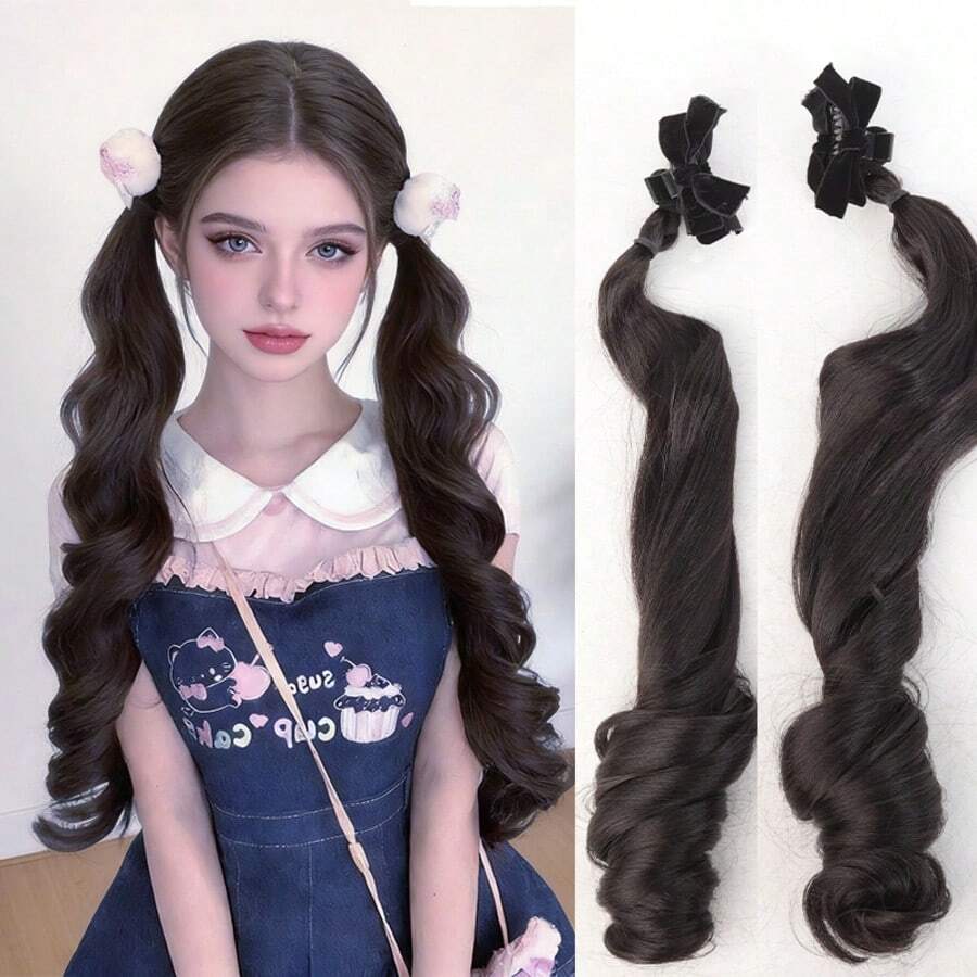 Tóc giả đuôi ngựa sợi tổng hợp 20 inch, 2 chiếc, tóc dài xoăn kiểu búp bê cho nữ, tóc đuôi ngựa thắt nơ bán sỉ - Nhiều màu - Xem 1