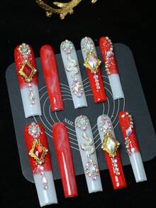CrystalHola Handmade Coffin-Shaped Nails, Y2K Style Nails, Spring/Summer, Red & White Color With Rhinestones, Metallic Snakes, Ombre, French Tips, Pure Handmade Nails. Suitable For Women And Girls. 10 Pieces/Set, 3 Sizes. Fits Parties, Weddings, And Daily Wear. Includes Tools. Great Gift For Ladies' Nail Supplies. - Multicolor - View 5