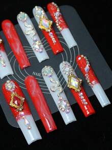 CrystalHola Handmade Coffin-Shaped Nails, Y2K Style Nails, Spring/Summer, Red & White Color With Rhinestones, Metallic Snakes, Ombre, French Tips, Pure Handmade Nails. Suitable For Women And Girls. 10 Pieces/Set, 3 Sizes. Fits Parties, Weddings, And Daily Wear. Includes Tools. Great Gift For Ladies' Nail Supplies. - Multicolor - View 4