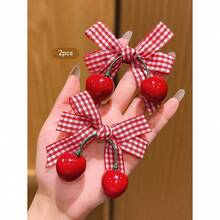 2pcs Cute Cherry Bow Hair Clips, Korean Fashion Hair Accessories Suitable For Everyday Use, Affordable, Hair Slide, Hair Barrettes, Head Accessories - 紅色 - 查看 2