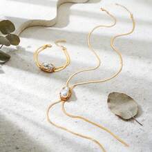 两件套女士项链手链首饰套装，欧美风格不规则仿珍珠吊坠搭配扁平蛇骨链项链和手链，适合海滩派对和假日佩戴。 - 金黃色+白色 - 查看 6