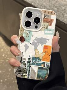 1pc Fashion Travel Collage Eiffel Tower & Butterfly Pattern Litchi Texture Shockproof Anti-Slip Soft Phone Case Suitable Compatible With Apple, , Phones - Multicolor - View 4