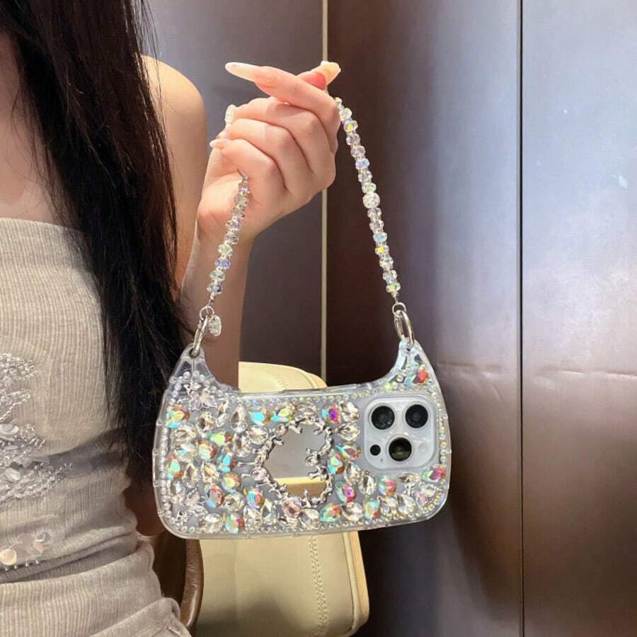 高品质奢华3D心形水钻镜面手机壳，带链条，适用于 17 Pro Max、17 Pro、17、16 Pro Max、16 Pro、16、15 Pro Max、15 Pro、15、14 Pro Max、14 Pro、14、13 Pro Max、13 Pro、13，时尚优雅 - 彩色 - 查看 1