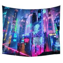 Cyberpunk Neo Futuristic Poster Tapestry  Fantasy City Cyberspace Neon "Good Vibes Only" Art Game Room Kids Bedroom - 多色 - 查看 7