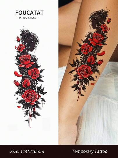 1张花朵临时纹身贴纸，玫瑰花图案，男女通用，可用于手部、手臂、手腕和身体装饰