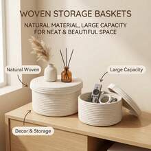 Panier de rangement tressé rond avec couvercle, panier de rangement décoratif multifonctionnel pour le bureau pour les collations, les serviettes, les plantes, les jouets, les cosmétiques, la décoration de la maison, un excellent cadeau pour les femmes à Pâques - Blanc - Voir 5