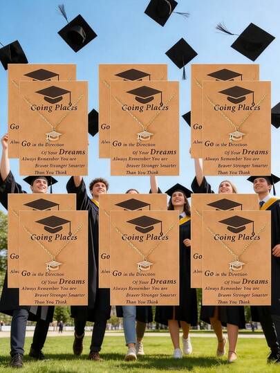 6pcs/Set Minimalist Graduation/Back To School Mortarboard Pendant Necklace Set, Inspirational Memorial Necklace, Ideal Graduation Gift For Students, Includes 1 Inspirational Card