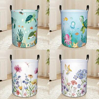 Cesto de roupa suja dobrável com estampa de tartarugas marinhas, vida marinha, corais, flores, libélulas e pássaros. Ideal para guardar roupas sujas e brinquedos, perfeito para crianças e adultos. Ideal para banheiros e como presente decorativo em estilo litorâneo.