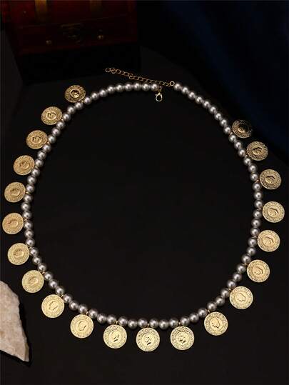 1pc Vintage Palace Style Alloy Faux Pearl Embossed Coin Necklace, Suitable For Arabian Ladies' Festival And Party Wear Jewelry