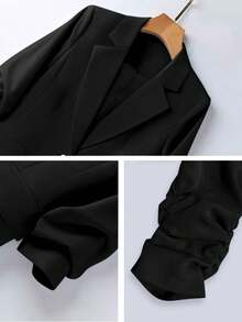 Bộ đồ nữ mùa xuân/hè kiểu dáng thường ngày, thiết kế xếp ly, tay lỡ 3/4, dáng rộng, cài một hàng khuy và quần ống rộng màu đen. - màu đen - Xem 6