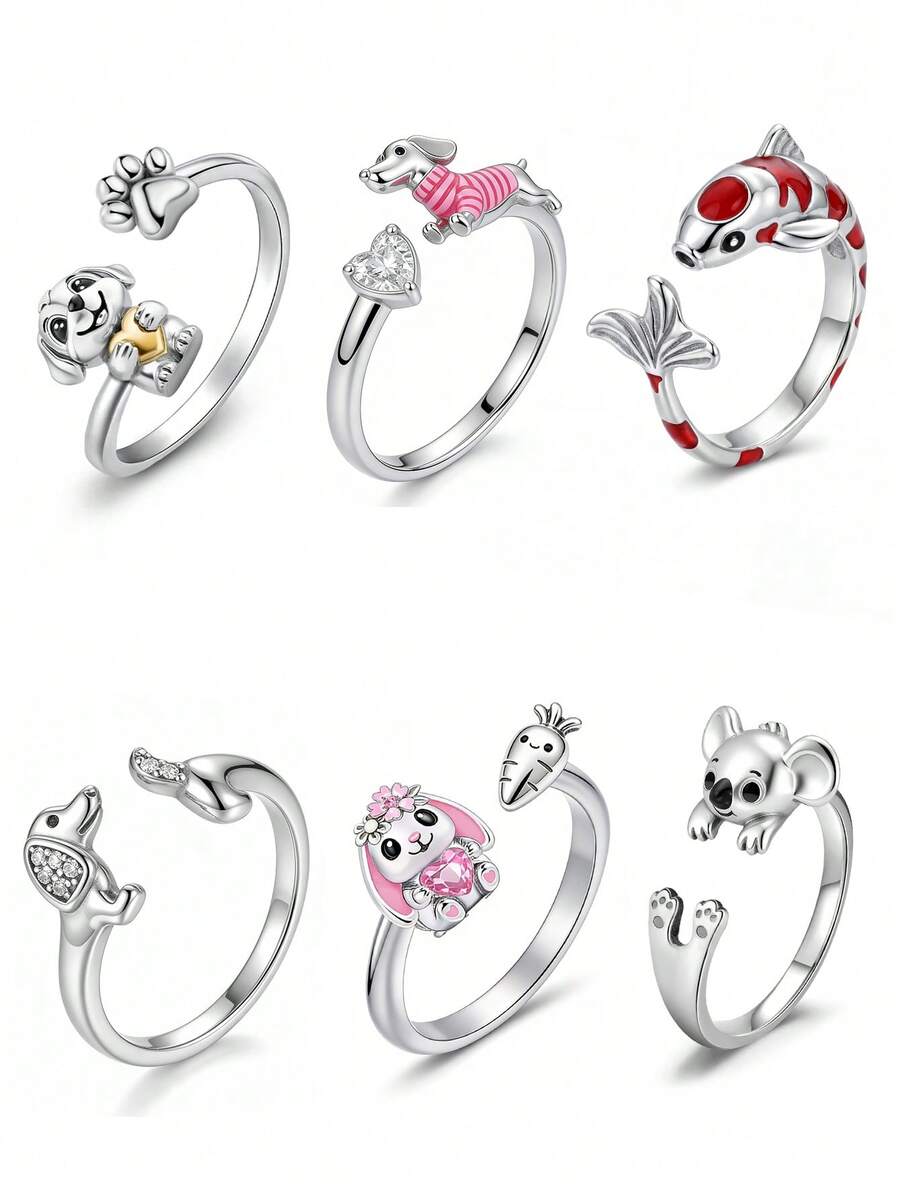 1枚可爱兔子胡萝卜开口戒指，经典马眼形单钻戒指，隐藏式光环结婚戒指，精致求婚戒指，女士珠宝 - 銀色 - 查看 1