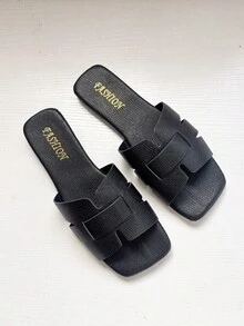 Women's Flat Slide Sandals, Fashion Square Toe Black Crocodile Embossed Floral Design, Suitable For Dresses, Summer - Black - View 5
