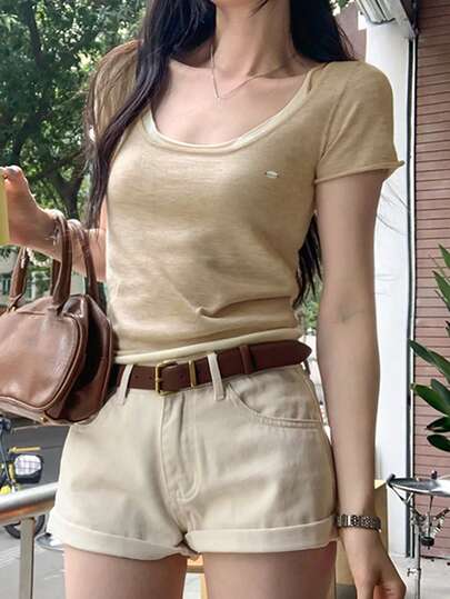 Áo thun len 2 trong 1 cổ chữ U vai thường Sweet & Gentle, mẫu mới về, áo crop top mùa hè phong cách thường ngày