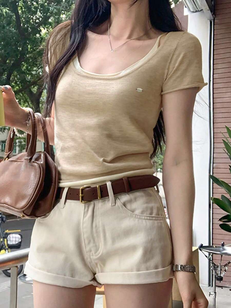 Áo thun len 2 trong 1 cổ chữ U vai thường Sweet & Gentle, mẫu mới về, áo crop top mùa hè phong cách thường ngày - Yến mạch - Xem 1