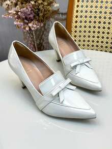 Women's Fashion Patent Leather Stiletto Heel Shoe, New Style, Medium Heel (6.5cm), Elegant Front Bow. - 白色 - 查看 3