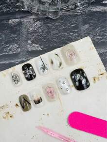 10片手工美甲贴纸，黑白短椭圆形，精美香氛法式美甲，印花美甲，适合新年、情人节、UV凝胶美甲、夏季美甲贴片 - 黑與白 - 查看 7