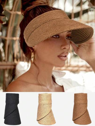 1pc Solid Color Boho Straw Hat, Women's Summer Breathable Wide Brim Sun Protection Hat, Beach Vacation Straw Hat