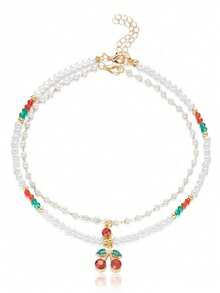 1条心形扣珍珠项链，适合女士海滩度假、约会、派对等场合佩戴 - 彩色 - 查看 4