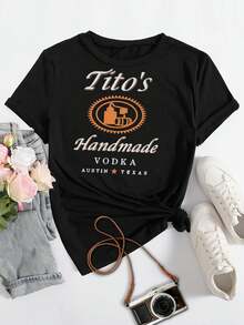 Women's T-Shirts Tito's Handmade Vodka Alcohol Drink Drinking Party TShirt Yugoslavia For Women Shirt - 黑色 - 查看 3