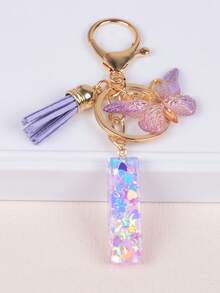 Cute Yarn Pom Pom Sequin Letter A-Z Resin Tassel Keychain, Wallet & Handbag Charm, Chain Backpack Pendant, Car Hanging Ornament, Girl Gift, School & Car Accessories, Gothic Y2K - Purple - View 31