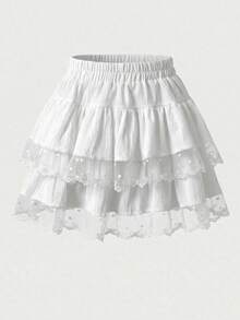 法式芭蕾舞风格蕾丝边高腰褶皱蛋糕裙，夏季防走光蓬蓬裙 - 白色 - 查看 7