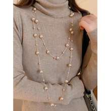 1 chiếc vòng cổ ngọc trai giả dài thời trang, kiểu dáng tối giản thanh lịch, thích hợp đeo cùng áo len, đa năng cho mùa thu/đông. - ngọc trai - Xem 1