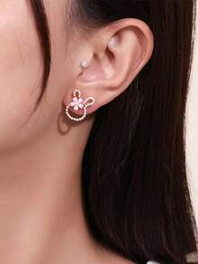 1 Pair Delicate Small Pink Flower & Faux Pearl Cute Rabbit Creative Elegant Earrings, Perfect Jewelry For Daily Wear And Easter - Multicolor - View 2