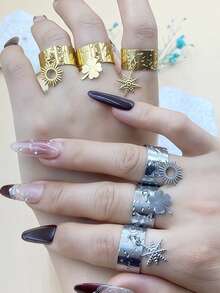 1pc Stainless Steel Four-Leaf Clover Adjustable Open Ring, Fashionable Personalized Couple Ring - Silver - View 3