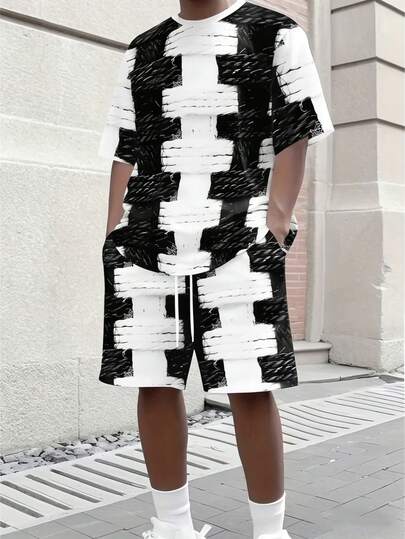 3D印花男士休闲运动套装 - 透气涤纶针织面料，短袖T恤和短裤组合，适合所有季节，男士完美礼物