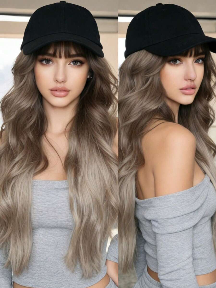 ( Velvet Cap + Long Curly Hair) Women's Baseball Cap Wig, Long Curly Hair, Body Wave Synthetic Wig, Adjustable Hat Wig, 24 Inches - Linen Brown - View 1