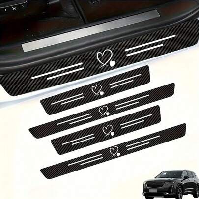 4pcs Carbon Fiber Heart-Shaped Car Door Sill Protector - Anti-Scratch, Anti-Collision, Easy Installation, Anti-Slip, Elastic Installation, Protect Car Door Edges, Suitable For All Models, Black Door Sill Strips, Fashionable Auto Accessories