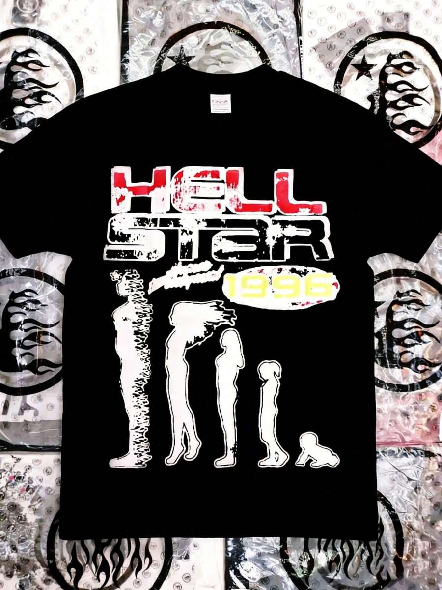 Hellstars 1996 Evolution Silhouettes Retro Graphic T-Shirt,220g 100% Cotton,Round Neck Short Sleeve,Black Streetwear Essential For Summer Going Out,Unisex Style - 黑色 - 查看 1