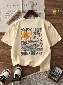 1 chiếc áo thun ngắn tay kiểu dáng mùa hè dành cho bé trai, in hình cá heo và mặt trời, áo cổ tròn thoáng khí, phong cách nghỉ lễ. - Màu be - Xem 2