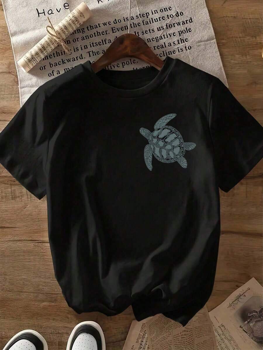 Camiseta Cuello Redondo Manga Corta Estampado Tortuga Turtle Mujer - Negro - Ver 1