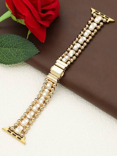 Compatible With Apple Watch Band Women's Golden Fashionable Rhinestone Stainless Steel Watch Sparkling Diamond Band Compatible With Apple Watch 38mm/40mm/41mm/42mm/44mm/45mm/46mm/49mm, Compatible With Apple Watch Series Ultra3/2/1 SE /S11/S10/S9/S8/S7/S6/S5/S4/S3/S2/S1, Waterproof , Suitable For Women's Daily Wear Gifts Travel To Attend A Beach Dance Party Gathering Daily Clothing Outfit Matching.Women's Bracelets, Watch Straps, Golden Beads, Diamonds, Women's Accessories