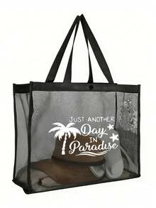 女士大号网眼沙滩手提包套装，印有“Just Another Day In Paradise”字样，包含网眼手提包、小收纳袋、草编遮阳帽和心形时尚眼镜，网眼沙滩包，个性化礼品袋，网眼化妆包 - 彩色 - 查看 14
