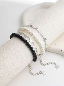 2件套哥特风黑白仿珍珠星星手链套装，双层五角星珍珠手链，情侣/姐妹款 - 銀色 - 查看 5