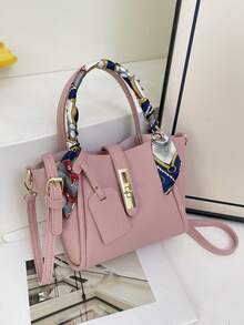 2pcs Spring New Fashion Litchi Grain PU 2-Piece Bag Set, Includes Handbag And Shoulder Bag, Minimalist Chic Commuter Style, Silk Scarf Bow Decor, Suitable For Women, Girls, Office Essential, Rivet Lace-Up Small Pendant Decor - Pink - View 4