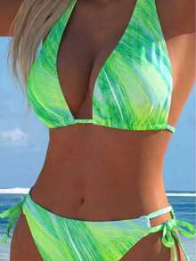 European And American Fashion Backless Bikini 2 Pieces Set, Pink Gradient Colorful Print Swimsuit, Summer Beach Essential - Multicolor - View 4