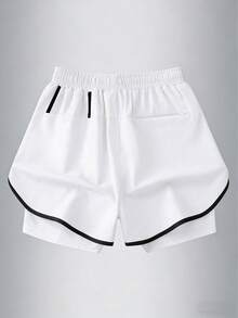 男士春夏抽绳腰带二合一时尚休闲运动短裤，适合徒步、骑行、篮球、跑步、冬季室内运动 - 白色 - 查看 2