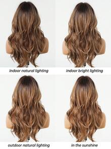 Perruque ondulée de 22 pouces de long avec frange sur le côté, racines foncées, perruque brune pour femmes avec ombré brun et blond. Perruque synthétique résistante à la chaleur pour usage quotidien, fête et cosplay - Brun ombré - Voir 10