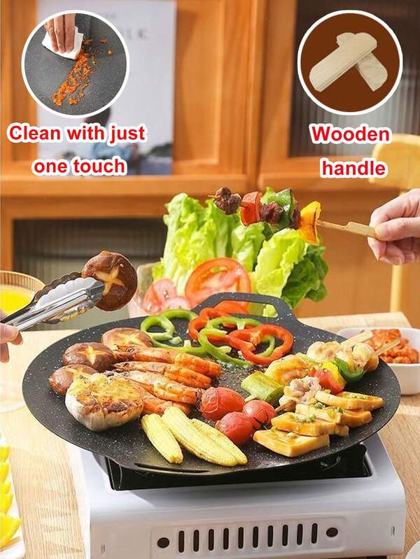 1pc, 3 Size Options, Outdoor Grill Pan Nonstick Coated Iron Plate, Suitable For Camping Stove, Gas Stove, Induction Cooktop, Easy To Clean And Store, Round Grill Pan With Dual Handles, Suitable For Indoor And Outdoor Barbecue