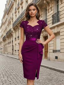 MIUSOL Sequin Lace Sweetheart Neck Ruffle Hem Cocktail Party Bodycon Dress Wedding Spring - Maroon - View 5