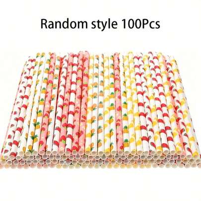 100pcs Summer Fruit Pattern Straws, Random Assortment Including Apple, Strawberry, Cherry, Pineapple And More, 6mm Diameter X 197mm Length, Suitable For Hawaiian Summer Parties, Vacations, Paired With Juices, Beverages, Cocktails, Beers, Watching Football Games, Etc.