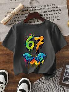 1pc Young Boys' 67 Six Seven Graffiti Print Short Sleeve T-Shirt, Colorful Numeric Graphic Round Neck Casual Streetwear Top - Dark Grey - View 4