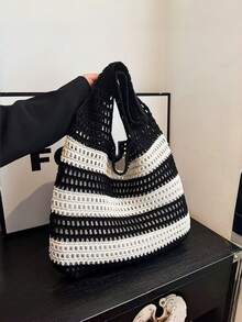 女士撞色编织单肩包，镂空条纹，编织时尚配饰，镂空手提包，购物袋，单肩包，钩针条纹编织沙滩包，大容量多功能女士包，欧美撞色提花手提包，简约时尚女士斜挎包，轻便，节日礼物，沙滩旅行包 - 彩色 - 查看 5